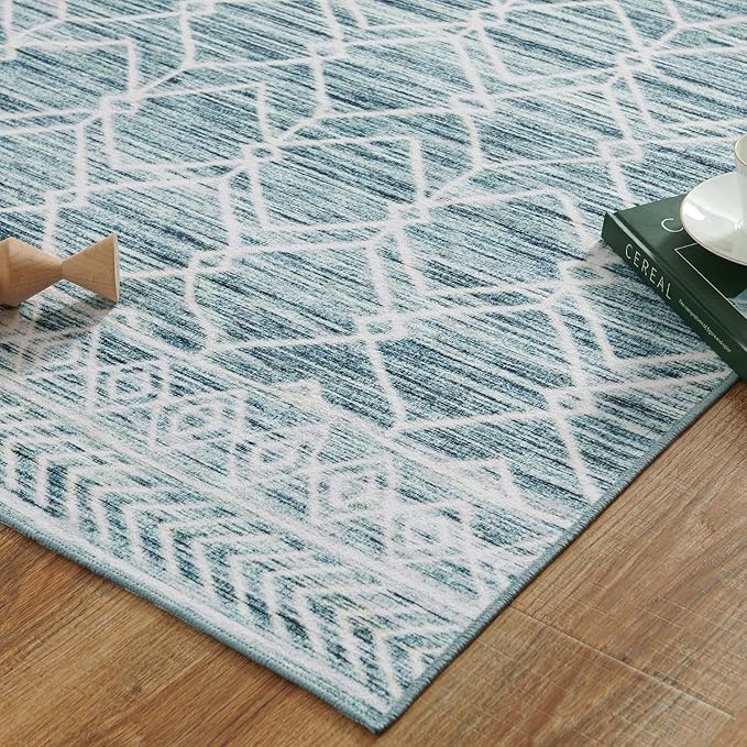 jinchan Moroccan 8x10 Area Rugs for Living Room - Machine Washable Modern Geometric Stain Resistant Ultra-Thin Low-Pile Large Rug Non-Slip Carpet for Bedroom Kitchen Dining Room (8x10ft, Teal Blue)
