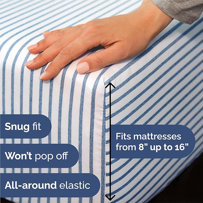 Split King 7 Piece Sheet Set - Cooling & Breathable Bed Sheets - Hotel Luxury Bed Sheets for Women, Men, Kids & Teens - Deep Pockets - Easy Fit - Soft & Wrinkle Free - Split King Blue Stripes Sheets