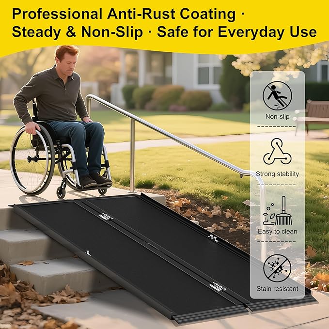 5FT Portable Wheelchair Ramp with Quick-Lock, Black Seamless Non-Slip Aluminum Folding Handicap Ramp,Threshold Ramp for Doorways, Wheel Chair Ramp for Home Steps