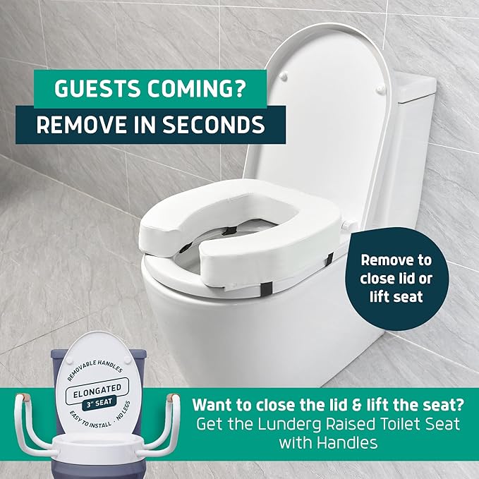 Lunderg Padded Toilet Seat Riser for Seniors - Adds 3 inches. Universal Fit - FIRM Raised Toilet Seat Cushion with High-Density Foam for Enhanced Comfort & Elevation. Post-Surgery Must have (White)