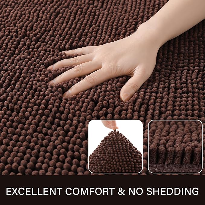 LOCHAS Luxury Bathroom Rug Shaggy Bath Mat 24 x 17 Inch, Washable Non Slip Bath Rugs for Bathroom Shower, Soft Plush Chenille Absorbent Carpets Mats, Brown