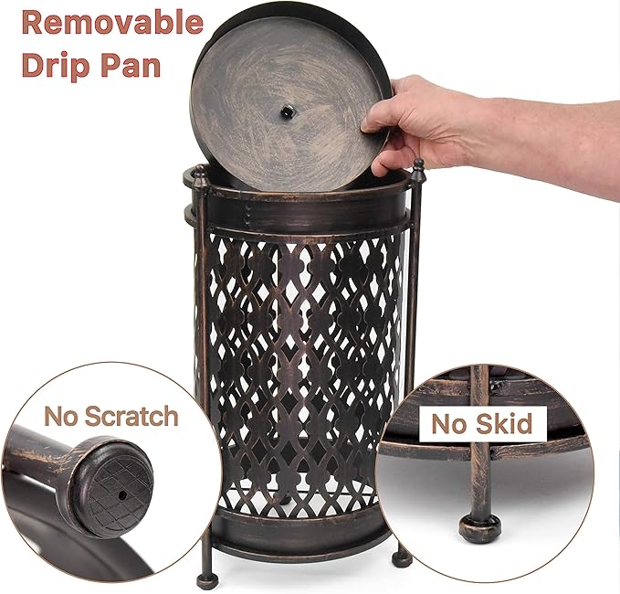 Dualplex Super Quality Umbrella Stand Umbrella Holder Antique Look Metal Entry Hallway Décor Round Style w/Removable Drip Tray Home Office Rack Umbrellas Canes Walking Sticks Gift Idea 16" Tall