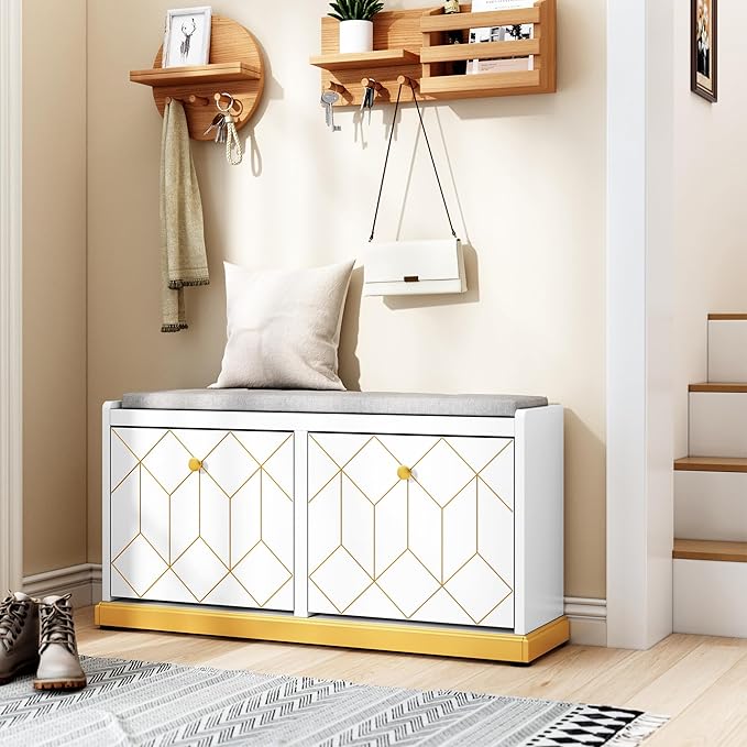 HLR Shoe Bench with Storage, Modern Entryway Bench with 2 Flip Drawer & Padded Cushion Seat, Shoes Storage Bench for Hallway, Closet, Living Room, White Shoe Storage Cabinet with Bench
