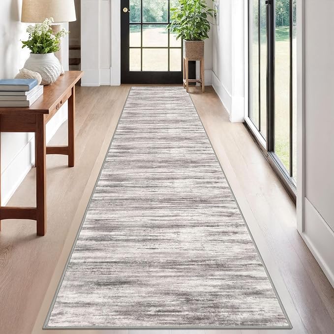 KOZYFLY Modern Abstract Hallway Runner, 2x12 Washable Rug Runner Non-Slip Soft Striped Kitchen Runner Rug, Grey Beige Print Carpet for Entryway Bathroom Laundry Room Foyer