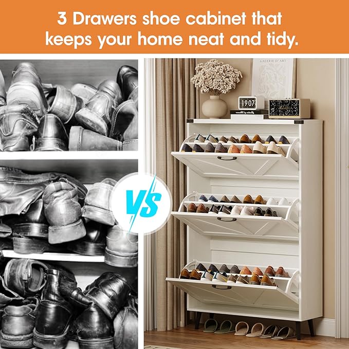 Shoe Cabinet with 3 Flip Drawers,Farmhouse Shoe Organizer Cabinet with Legs for Entryway,Narrow Slim Freestanding Rack Cabinet for Foyer,Hallway,White