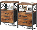 Huuger Nightstands Set of 2, Night Stand with Charger Station, 2 Drawer Side Table with Open Shelf, USB-C Port, End Table for Small Spaces, X Shaped Side Rail, Rustic Brown