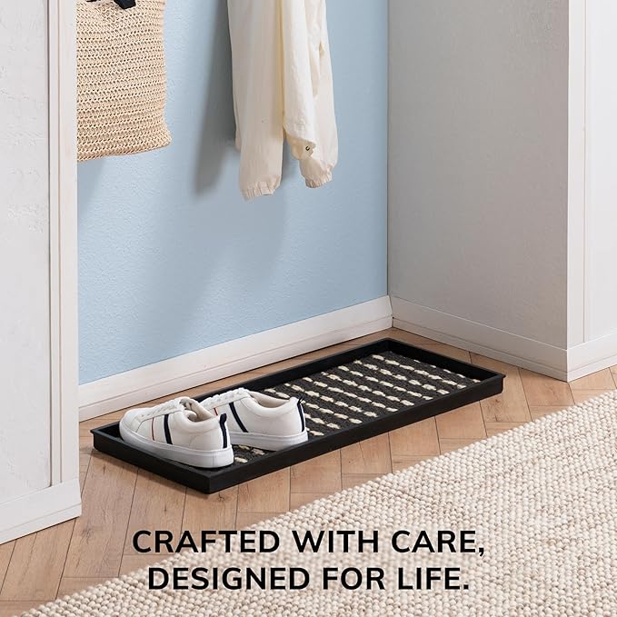 Anji Mountain Heavy Duty Waterproof Rubber Shoe Storage Mat Organizer/Boot Storage Tray Multi Use for Entryway with Coir, Gray and Ivory Insert, Fits 3 Pair (34.5" Wide)