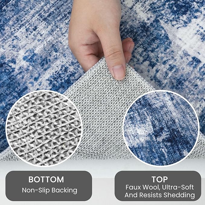 IOHOUZE Abstract Runner Rug 2x12 Ft Washable Runners for Hallways, Non Slip Kitchen Runner Printed Faux Wool Entryway Runner Indoor, Modern Abstract Floor Carpet for Hall Kitchen, Navy/Grey