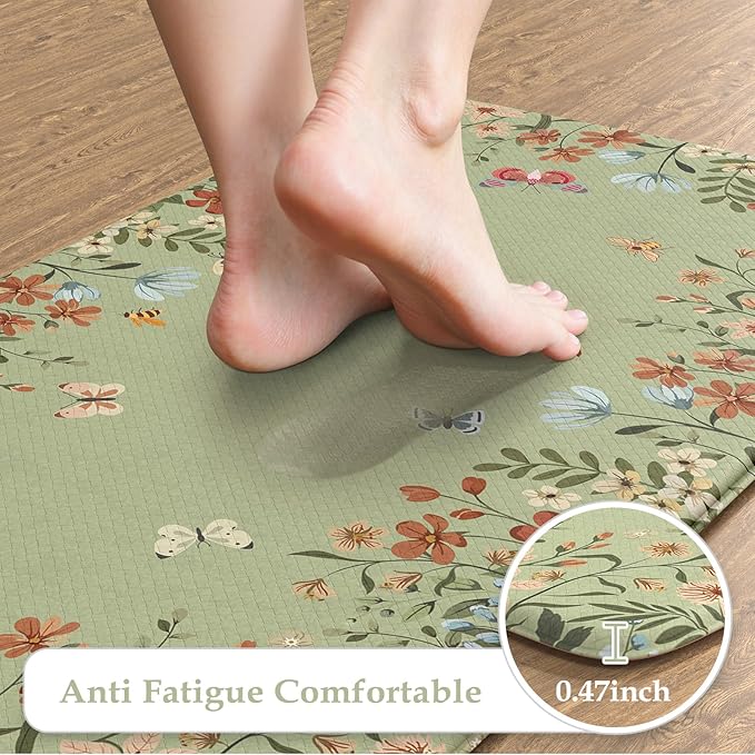 KIMODE Kitchen Mats for Floor Anti Fatigue, 20"x47"+20"x32" Farmhouse Kitchen Rugs Sets of 2, Padded Kitchen Floor Mats, Comfort Standing Mats for Sink Laundry Office Desk Sage Green