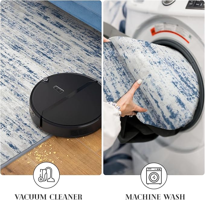 Modern Abstract Runner Rug 2x6, Blue White Washable Kitchen Runner Non-Slip Soft Hallway Rug Runner Thin Print Faux Wool Carpet for Entryway Bedroom Laundry Room Indoor Home Decor