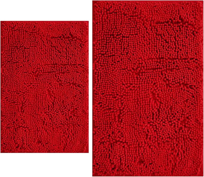 BOANKODU Bathroom Rugs Sets 2 Piece, Extra Soft Chenille Bath Mat Absorbent Bathroom Rug, Bathroom Mat with Sturdy PVC Non-Slip Bottom, Machine Washable Bath Rugs (32x20 Inch + 24x16 Inch, Red)