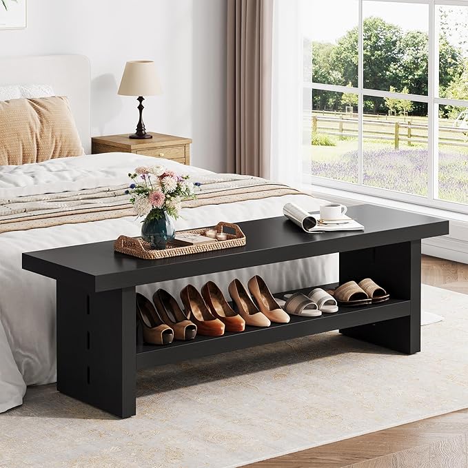 2 Tier Entryway Bench, 47.24" Shoe Bench, Rustic Shoe Rack, Wooden Storage Bench for Entryway Hallway Living Room Bedroom, Easy Assembly, Black