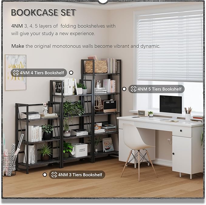 4NM No Assembly Folding Bookshelf Storage Shelves 4 Tiers Vintage Bookcase Standing Racks Study Organizer Home Office (Gray Black)