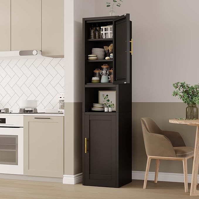 67" Tall Narrow Storage Cabinet Metal Bathroom Cabinet with 2 Doors & 4 Adjustable Shelves, Standing Pantry Cabinets Cupboard for Kitchen, Dining Room, Living Room and Bathroom (Black)