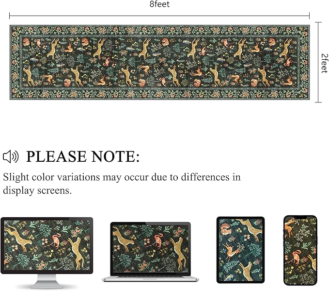 DUKINO Runner Rug, 2x8 Washable Kitchen Rugs for Hallways with Non Slip Backing, Soft Low Pile Vintage Animal Runner for Kitchen, Hallway, Entryway, Laundry, Bedroom, Black