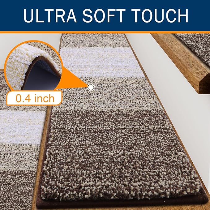 OLANLY Stair Treads Non Slip 15PCS, 8" x 30" Indoor Stair Runners for Wooden Steps, Edging Stair Rugs with Reusable Peel and Stick Adhesive for Kids Elders and Pets, Light Brown