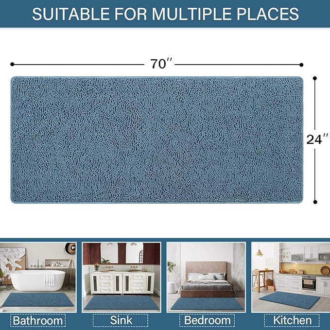 LOCHAS Luxury Bathroom Rug Shaggy Bath Mat 24 x 70 Inch, Washable Non Slip Bath Rugs for Bathroom Shower, Soft Plush Chenille Absorbent Carpets Mats, Denim Blue