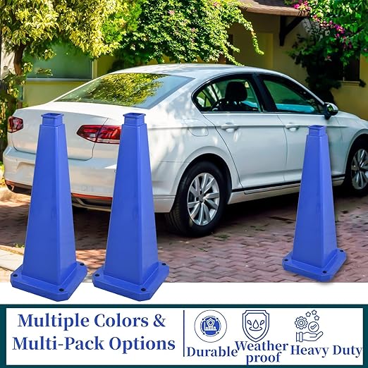 BESEA 6 Pack 36" Bright Blue Traffic Safety Cones with Weighted Base, High-Visibility Parking Cones for Driveways, Business Parking Lots, Garages, Indoor/Outdoor Use