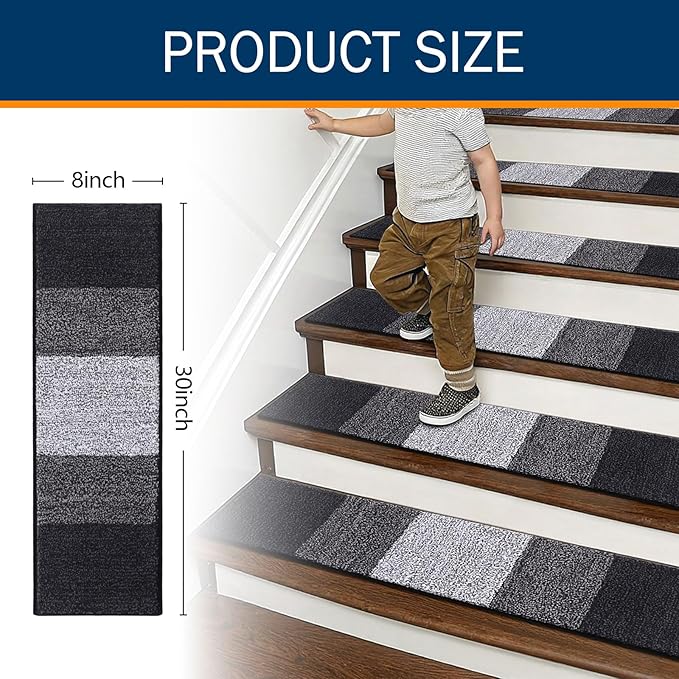 OLANLY Stair Treads Non Slip 4PCS, 8" x 30" Indoor Stair Runners for Wooden Steps, Edging Stair Rugs with Reusable Peel and Stick Adhesive for Kids Elders and Pets, Black