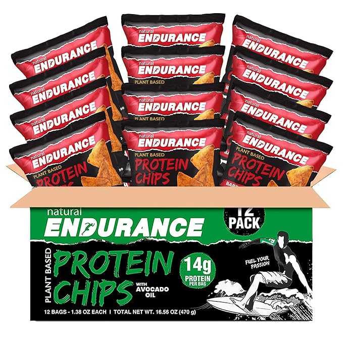 Natural Endurance Protein Chips - Barbecue Chips, Low Carb Chips, High Protein Snack, Vegan Protein with Avocado Oil, 14g Protein Per Bag, Gluten Free, BBQ Flavor - 1.38 oz Bags (Pack of 12)
