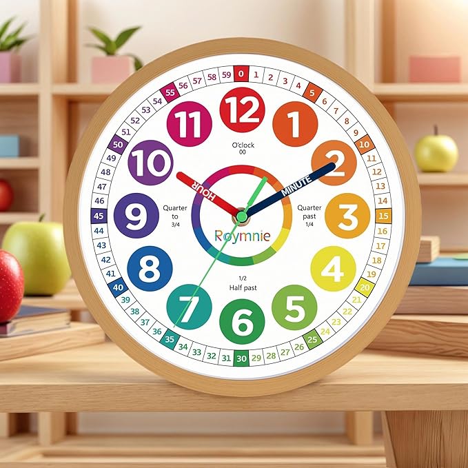 Roymnie12 Inch Wall Clock for Kids Learning to Tell Time Easily Analog Non Ticking Battery Operated Kids Teaching Clock Silent Colorful Teaching Time Clock Decorative for Kids Room Classroom School