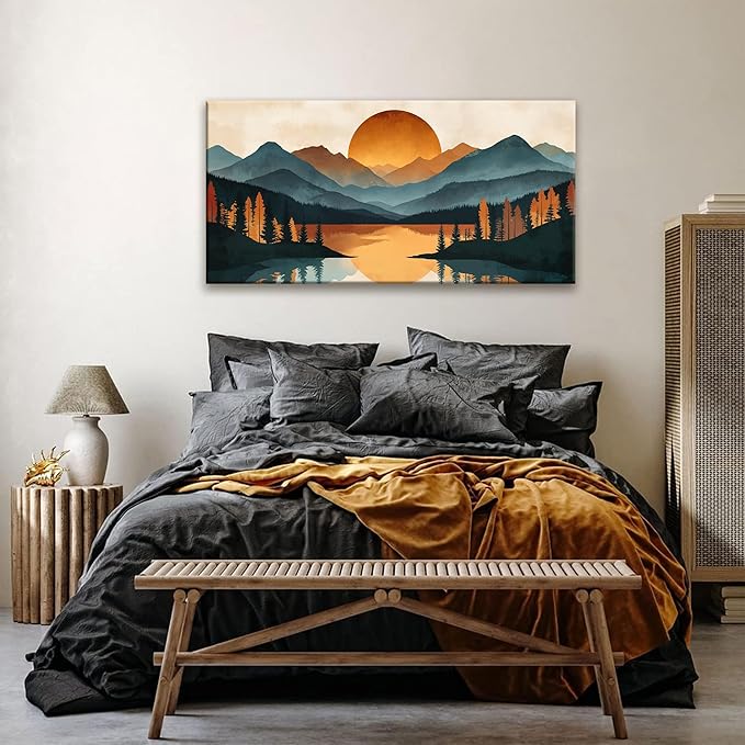 Suconvng Mountain Boho Wall Art For Living Room Prints Canvas Art Wall Decor For Office Home Wall Decorations Picture For Bedroom Forest River Landscape Prints Paintings Pictures Artwork 24 X 48 In