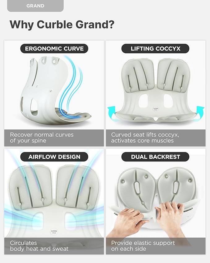 Curble GRAND(Extra Wide & Sturdy) 2PACK – Ergonomic Chair Back Support, Lumbar Support for Posture Correction, Back Pain Relief, Perfect for Office Chair, Floor Seat, Work from Home, Patented(2P Grey)