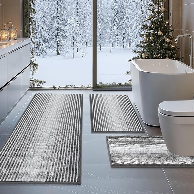 BSICPRO Bathroom Rugs Sets 3 Piece, Toilet Rugs U-Shaped Contour Bath Mat Set, Large Striped Non Slip Absorbent Chenille Shower Mat, Gray