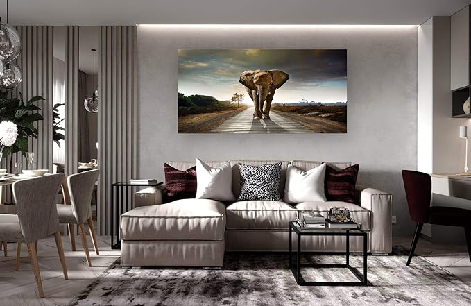 Muolunna D1262 Elephant Canvas Prints Wall Art Animals Photo Pictures Painting on Canvas Decor for Living Room Bedroom Home Office kitchen Wall Decor Stretched and Framed Grey Landscape Artwork