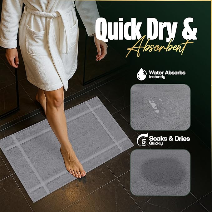 Pearl Linens 100% Ring Spun Cotton Bath Mat (Pack of 2) 18 x 25 Inch, Washable, Soft & Absorbent Terry Bathroom Floor Mat – Not Bathroom Rugs – Quick-Dry After Shower Bath Mat, 687 GSM, Light Grey