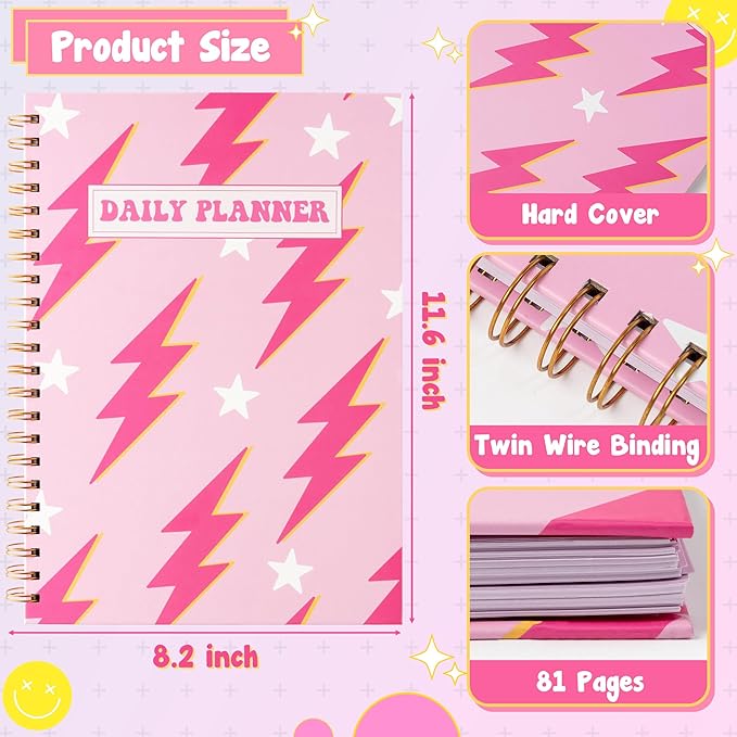 CNhoqc A4 Lightning Planner Notebook - Pink Preppy Lightning A4 Planner Notebook Teen Girl Y2k to Do List Daily Task Checklist Time Management Notepad Agenda Gifts Student School Stationery Present