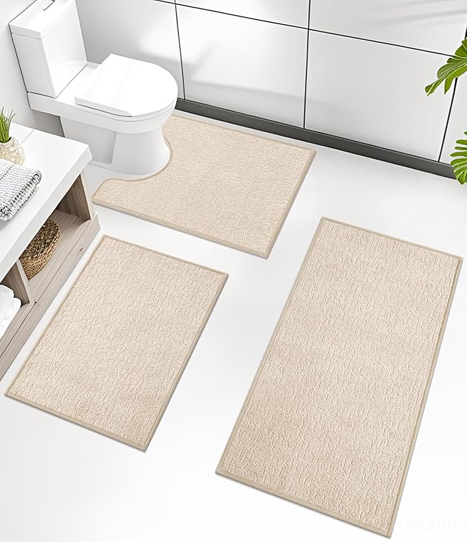 chakme Bathroom Rug Sets 3 Piece, Ultra Thin Bath Mat Quick Dry Bath Mat, Absorbent Bath Mats for Bathroom Non Slip Machine Washable, (Light Beige)