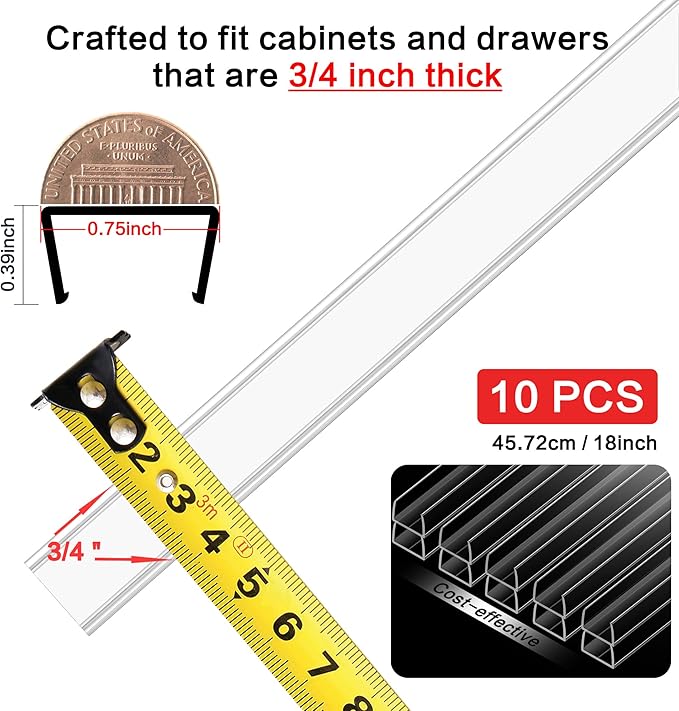 MONOID Drawer Edge Protector, Slip-On Clear Table Corners Guards, Door Kitchen Furniture Bumper, Prevent Wear, Impact Protection, Ease to Cut, 3/4" Thick, 18" Length – Clear, Pack of 10