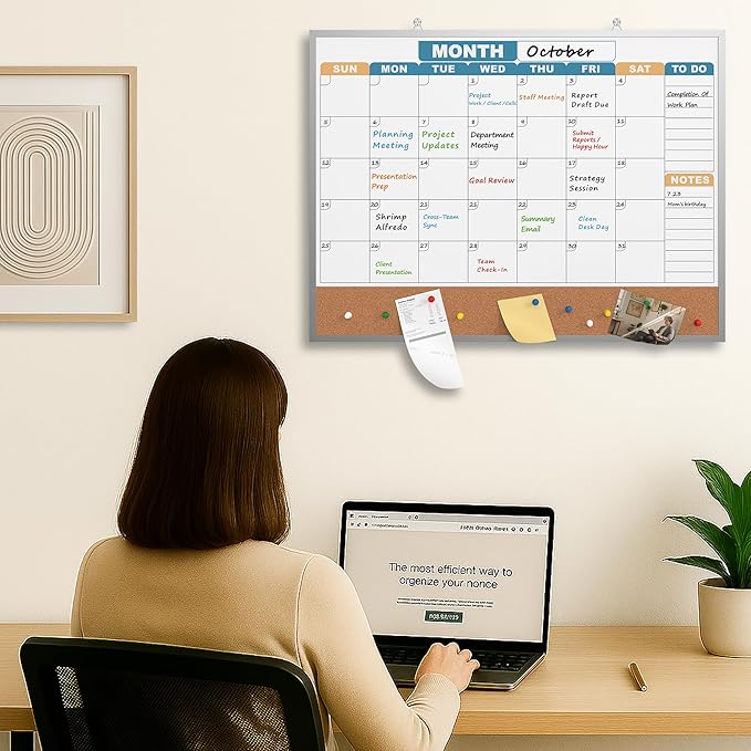 Monthly Calendar Dry Erase Board 24x18 Inch, Double-Sided Whiteboard and Corkboard Combo with Silver Aluminum Frame (Color Calendar), Wall Mounted Planner with Marker, Magnet, Push Pin, Eraser