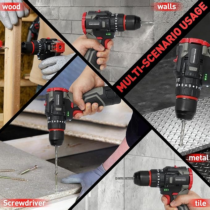 Cordless Drill Set, 16V Electric Power Drill with 2 Batteries, 398 In-lb Torque, 2-Speed & 20+3 Position Setting for DIY Home Improvement, 3/8" Keyless Chuck, LED Light