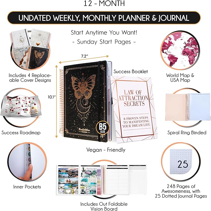 Manifestation Journal – Hourly, Weekly & Monthly Planner | 12-Month to Increase Productivity, Life Organizer & Goal Planner | Spiral Journal, Habit Tracker, Foldable Vision Board, Gift Box & Stickers