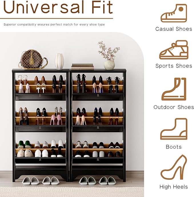 Chogori 3-Tier Shoe Cabinet – Solid Wood Entryway Shoe Storage Organizer with Flip-Up Doors, Adjustable Shelves – Narrow Freestanding Shoe Cabinets for Hallway – Space-Saving Design (1, Onyx Black)