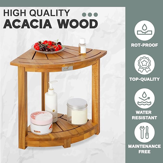 Acacia Wood Corner Shower Stool - Waterproof Triangular Bathroom Bench with Storage Shelf & Soap Dish for Shaving, Natural Wood (17.9x12.7x16.5)