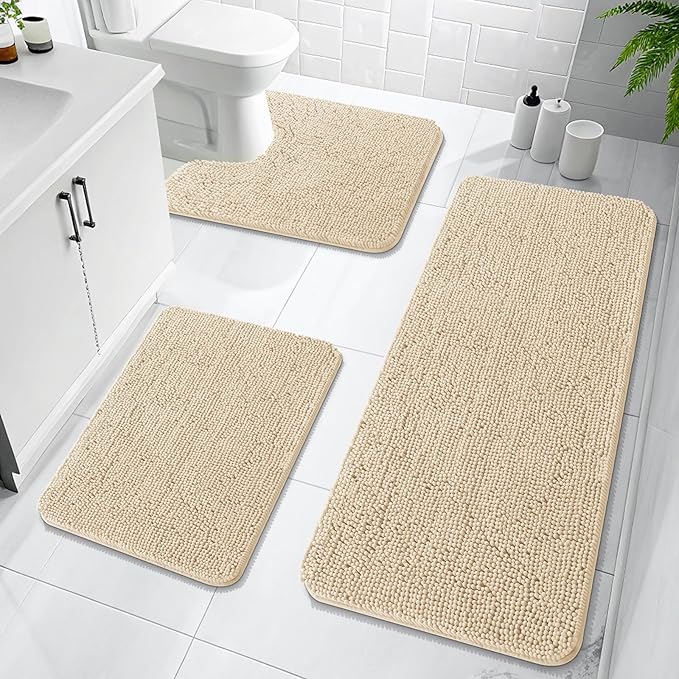 OLANLY Bathroom Rugs Sets 3 Piece, Soft Absorbent Chenille Bath Mats and U-Shaped Contour Toilet Rug, Quick Dry, Home Decor Accessories, Bath Mat Set for Bathroom (47"x20"+24"x16"+24"x20", Beige)
