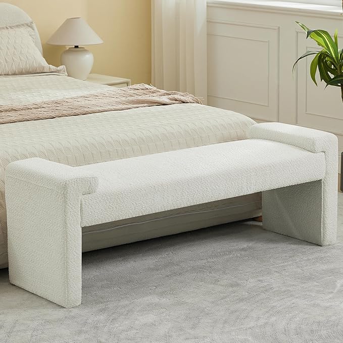 58.7" End of Bed Bench Upholstered Modern Bedroom Bench for Living Room & Entryway, Easy Assembly, Footrest Ottoman Accent Window Bench with Solid Wood Frame & Curved Arm, White