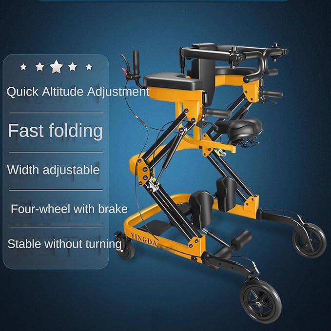 Adjustable Medical Walker with Stand-Up Support, Walking Frame, Adult Walker, Lower Limb Training, Home Rehabilitation Equipment, Multi-Function Mobility Aid with 4 Wheels (Yellow)