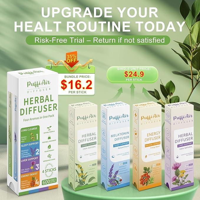 PUFFIAIR Complete Harmony Quad Herbal Diffuser Pen Set | Energy Calm Reset Blends | Green Purple Orange Blue | 4 Count
