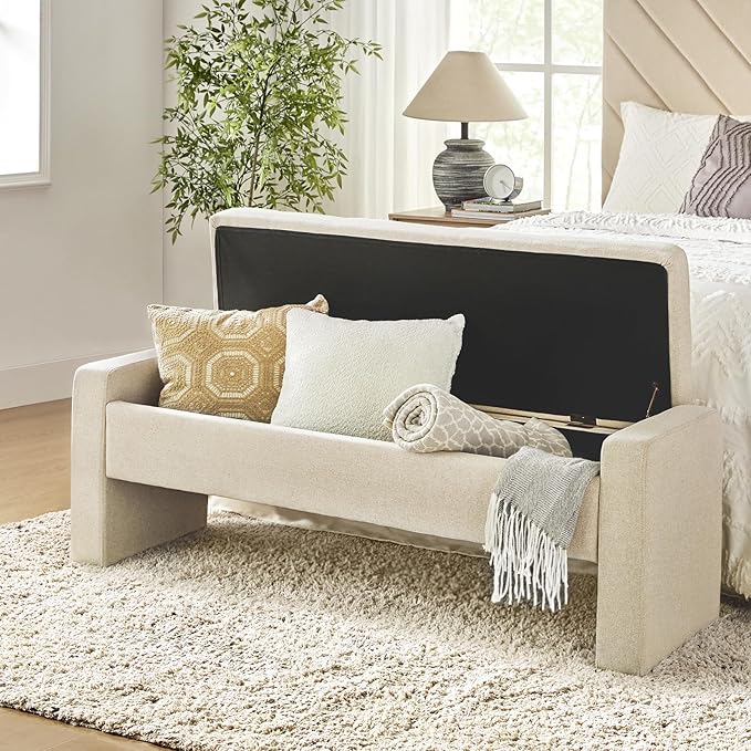 55" Modern Upholstered Storage Bench with Tufted Seat, Fabric Ottoman Bench for Bedroom, Entryway, or Living Room, Soft Close Hinge,Linen