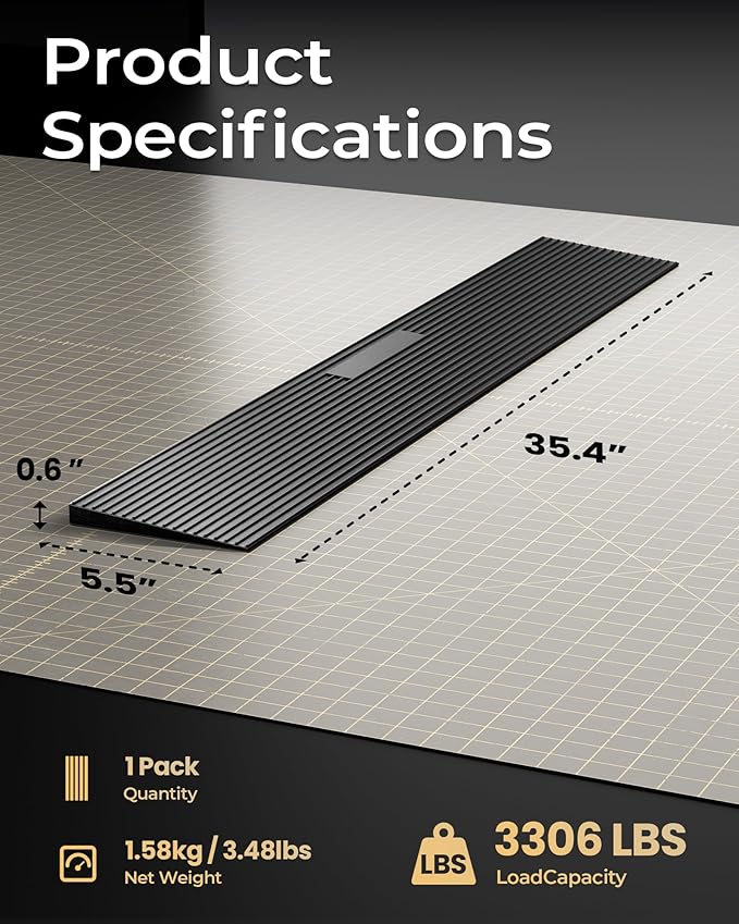 FACHNUO 0.6" Rise Rubber Threshold Ramp for Doorways, 35.4" Wide, 3306 LBS Load Capacity Wheelchair Ramp - Cuttable Non-Slip Rubber Ramp, Secure and Stable for Curbs, Wheelchairs, Walkers and Scooters