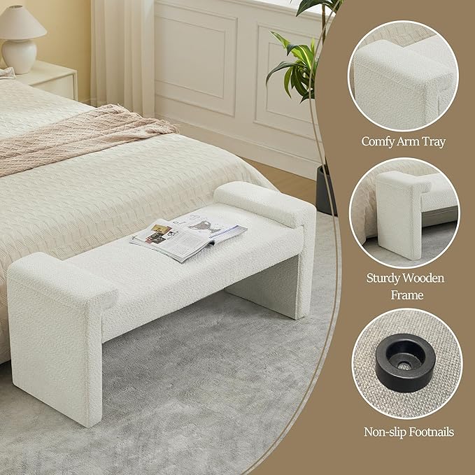 43" End of Bed Bench Upholstered Modern Bedroom Bench for Living Room & Entryway, Easy Assembly, Footrest Ottoman Accent Window Bench with Solid Wood Frame & Curved Arm, White