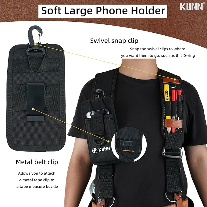 KUNN Leather Tool Belt Suspenders Construction Bag Suspenders Molded Air Channel Work Belt Suspender for Carpenter Electrician,Brown