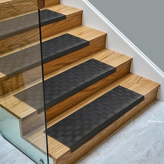 Ottomanson All-Weather Bullnose Rubber Stair Treads – Non-Slip Step Mats for Wooden, Concrete, or Outdoor Stairs, Easy Maintenance, Tool-Free Placement, Pack of 5, 10" x 30", Black Ribbed Squares