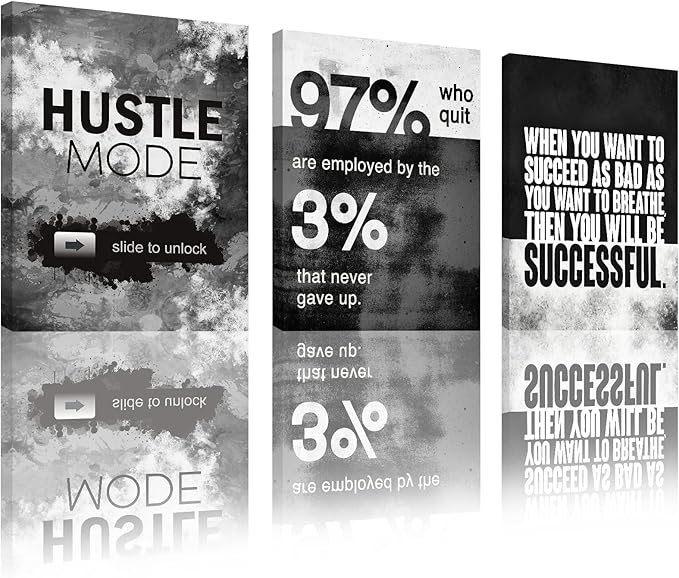 Motivational Office Wall Decor, Inspirational Canvas Wall Art, 3 Pieces Hustle Posters Prints Entrepreneur Success Quote Wall Decor for Lobby Meeting Room Hallway Living Room(36”Wx16”H)