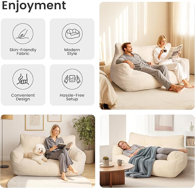 59" Bean Bag Chair,2 Seat Loveseat Sofa,Corduroy Lazy Sofa Bed for Adults,Fit Living Room, Bedroom,Outdoor Spaces,Ultra Soft Dutch Velvet,Fluffy Comfort Washable Cover,72h Rebound,White