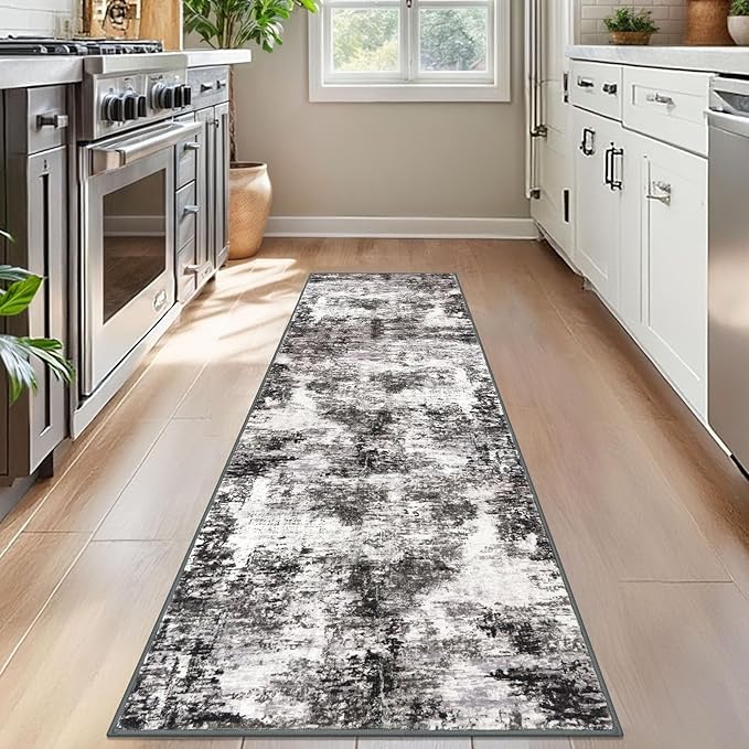 Modern Abstract Runner Rug for Bedroom 2x7, Black Grey Washable Kitchen Runner, Non-Slip Soft Thin Faux Wool Mat for Entryway, Hallway, Laundry Room Indoor